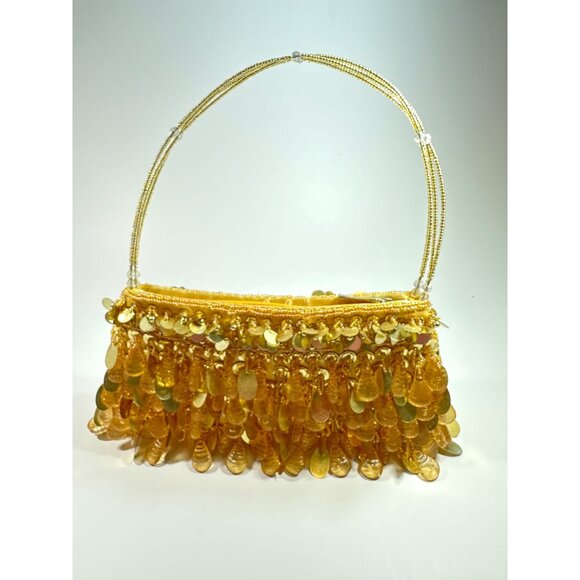 Gold Beaded Evening Handbag With Sequins & Drop Accents Beaded Handle Zipper Clo - Picture 2 of 7